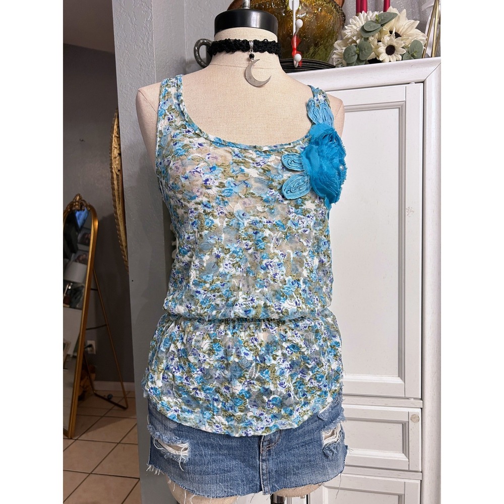Vintage Y2K Blue Floral Lace Peplum Tank Top Blouse Twee Indie Sleeze